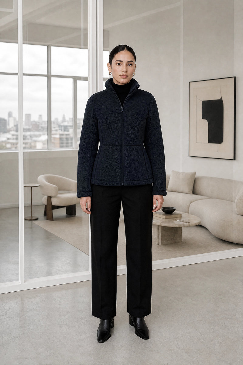 Billie | Zip Fleece Jacket in Navy Blue, studio front view