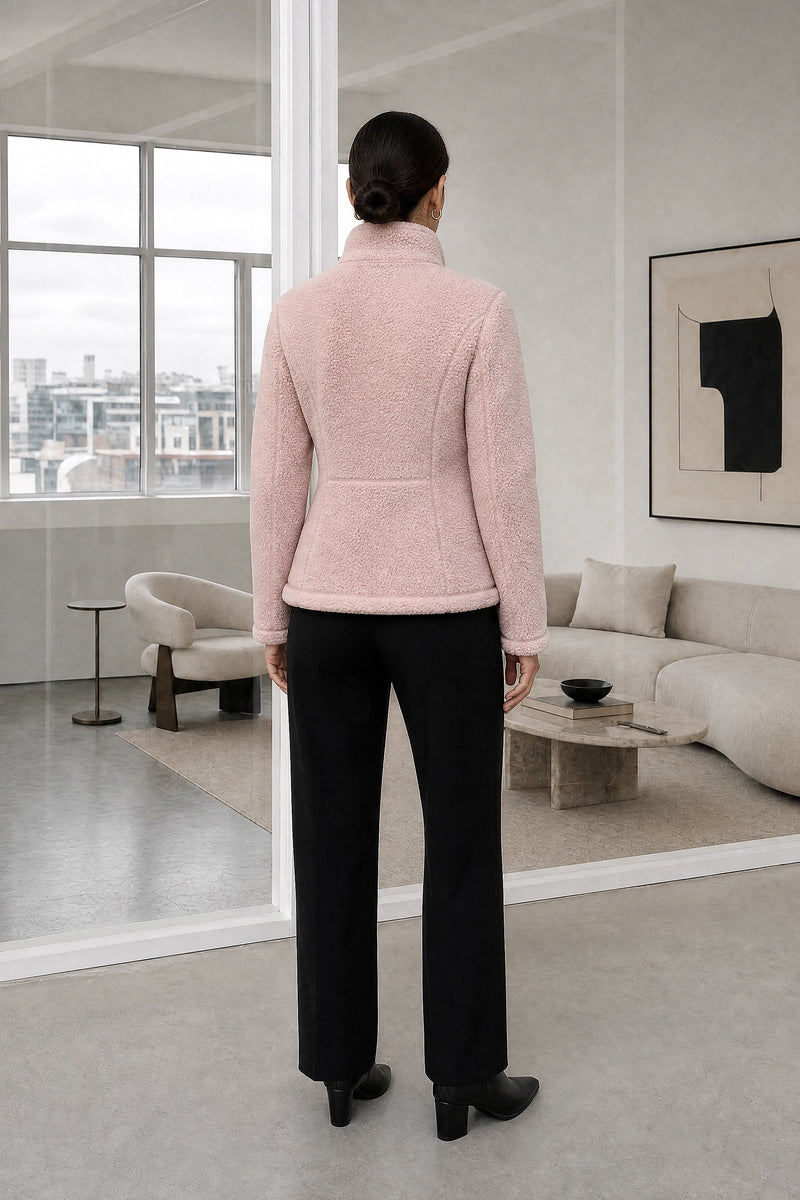 Billie | Zip Fleece Jacket in Pink, studio back view
