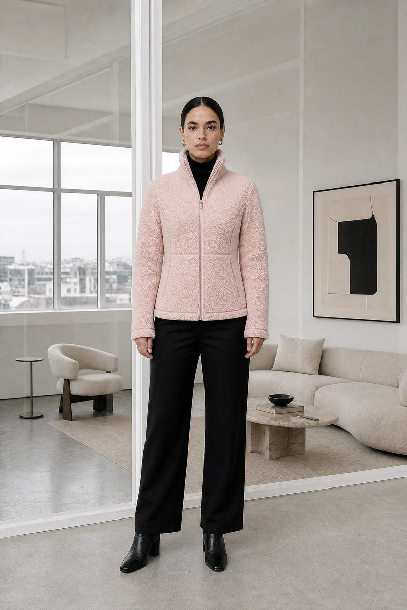 Billie | Zip Fleece Jacket in Pink, studio front view