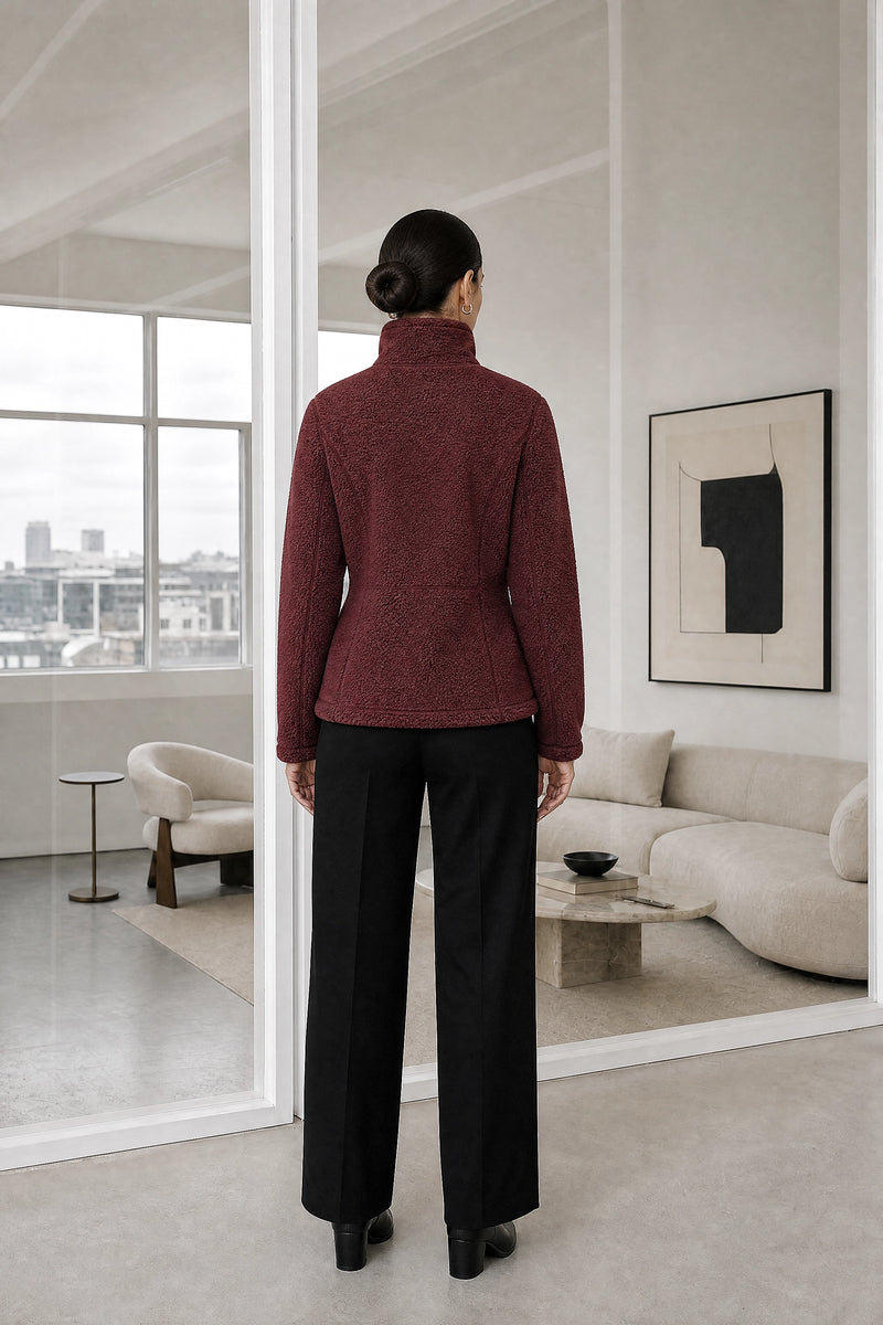 Billie | Zip Fleece Jacket in Wine Red, studio back view