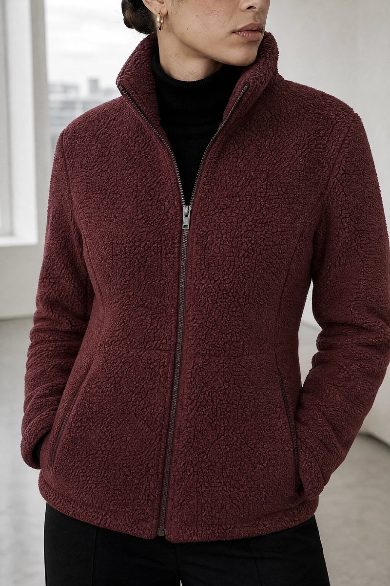Billie | Zip Fleece Jacket in Wine Red, fabric close-up