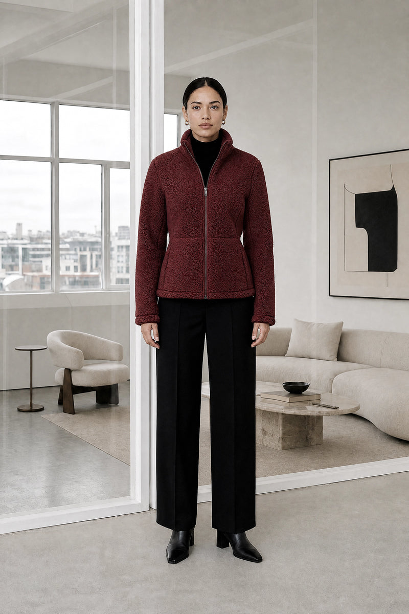 Billie | Zip Fleece Jacket in Wine Red, studio front view