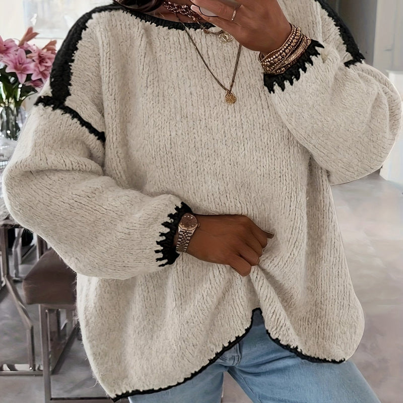 Slouchy Boat Neck Sweater for Women with Contrast Stitch Trim in Beige, front view