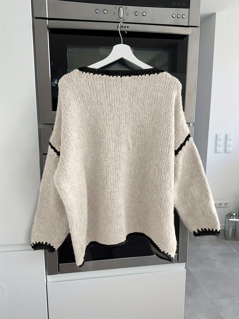Slouchy Boat Neck Sweater for Women with Contrast Stitch Trim in Beige, hanger view