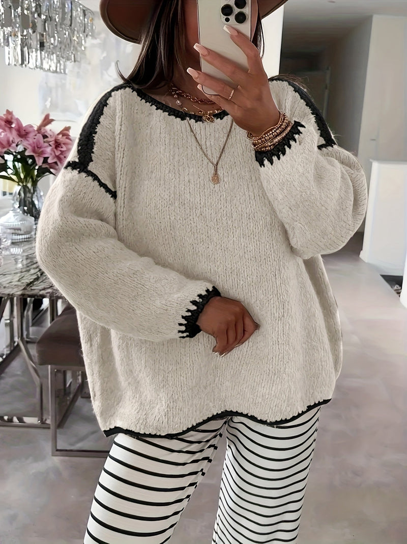 Slouchy Boat Neck Sweater for Women with Contrast Stitch Trim in Beige, styled view