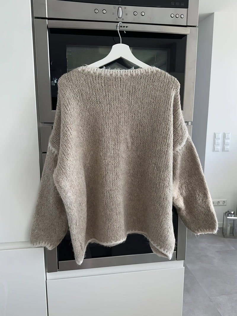 Slouchy Boat Neck Sweater for Women with Contrast Stitch Trim in Khaki, hanger view