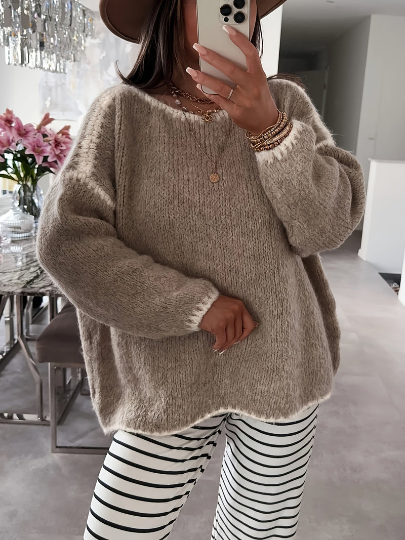 Slouchy Boat Neck Sweater for Women with Contrast Stitch Trim in Khaki, styled view