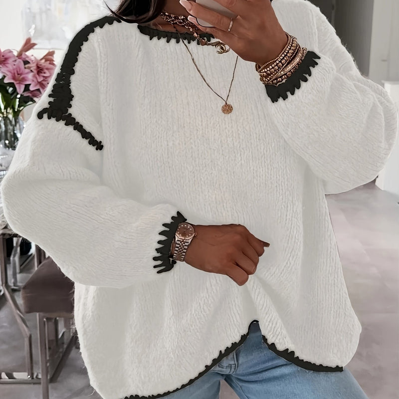 Slouchy Boat Neck Sweater for Women with Contrast Stitch Trim in White, front view