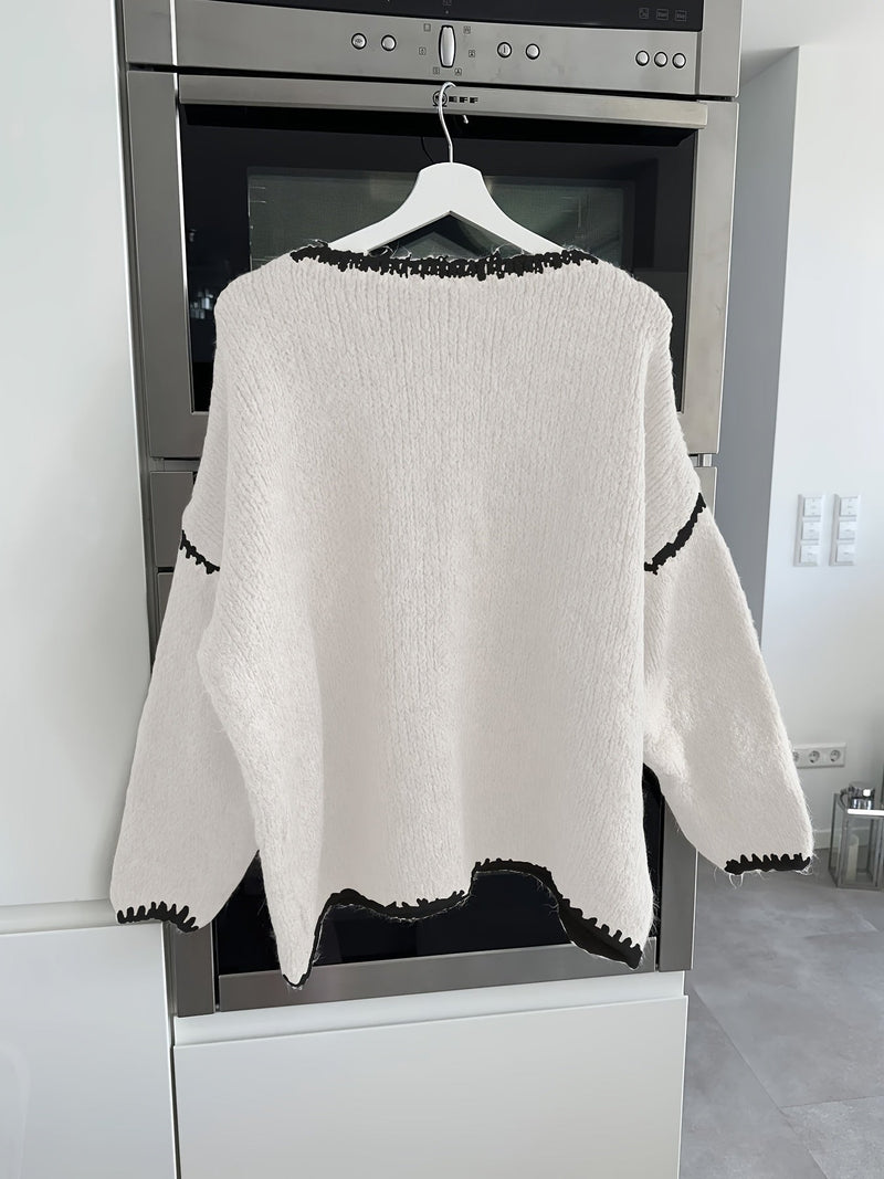 Slouchy Boat Neck Sweater for Women with Contrast Stitch Trim in White, hanger view