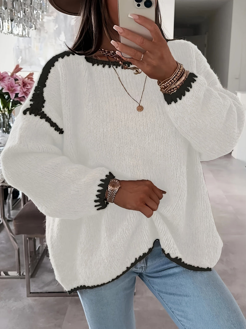 Slouchy Boat Neck Sweater for Women with Contrast Stitch Trim in White, styled front view