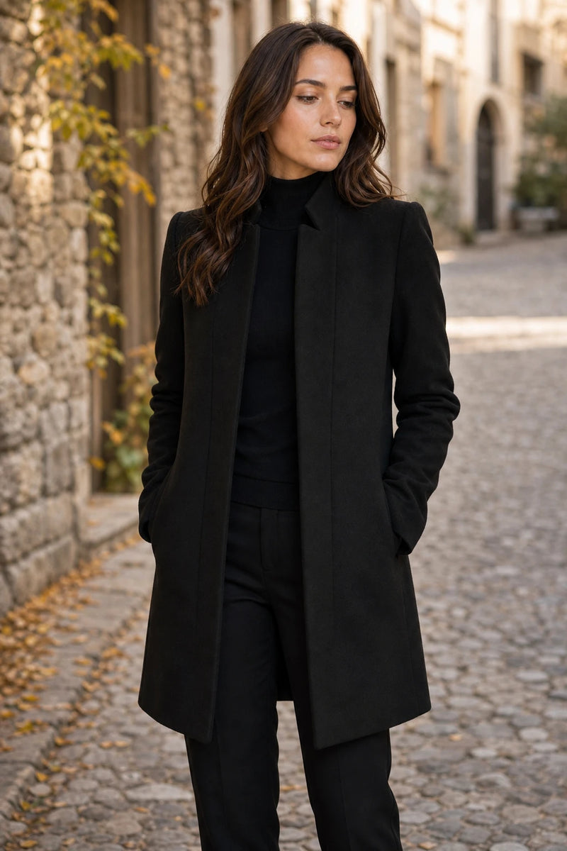 SOFAINE-V7-LIFE-Cordelia | Wool-Feel Overcoat in Black, street-style view