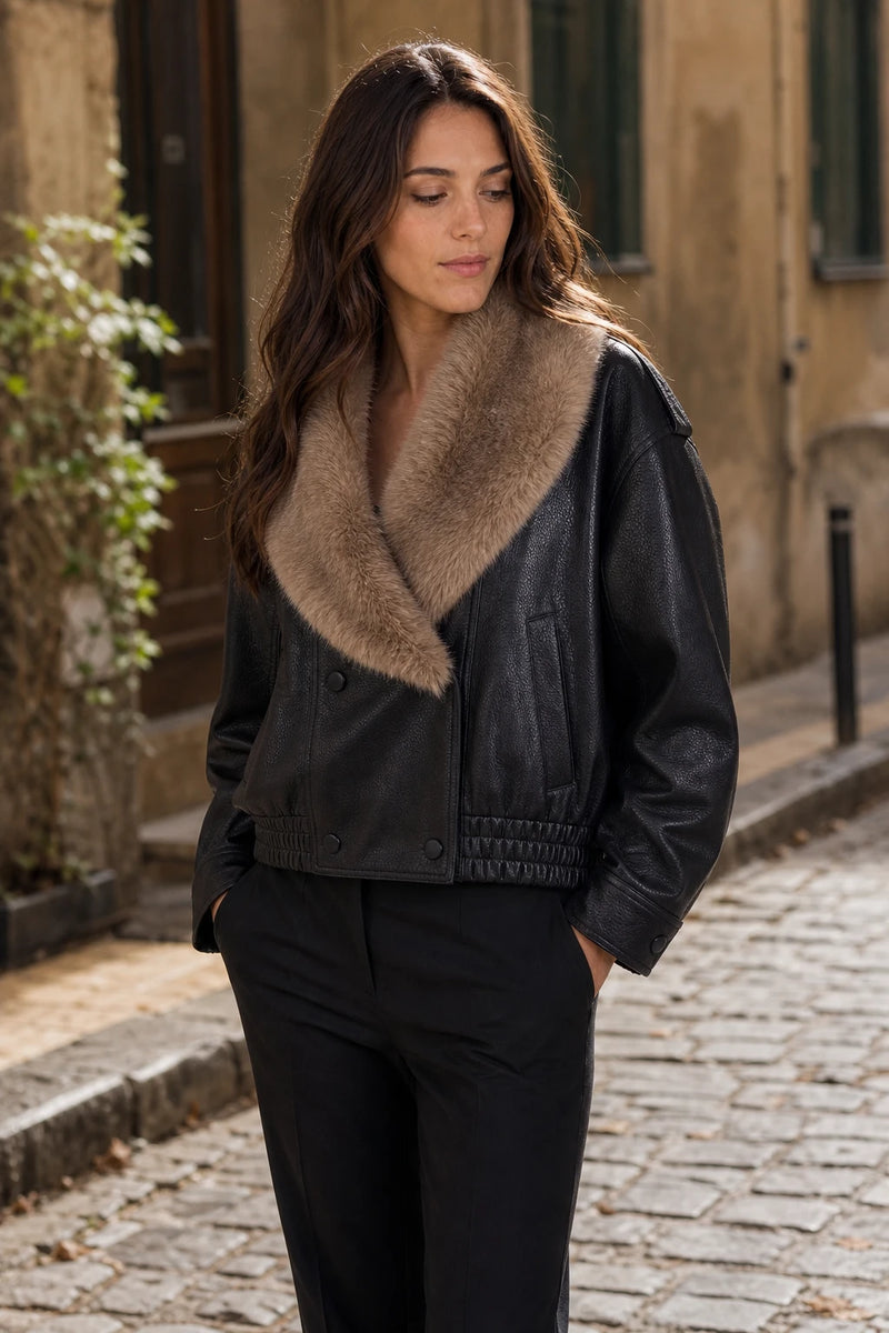 SOFAINE-V7-LIFE-Diana | Double-Breasted Faux Leather Jacket in Black, street-style view
