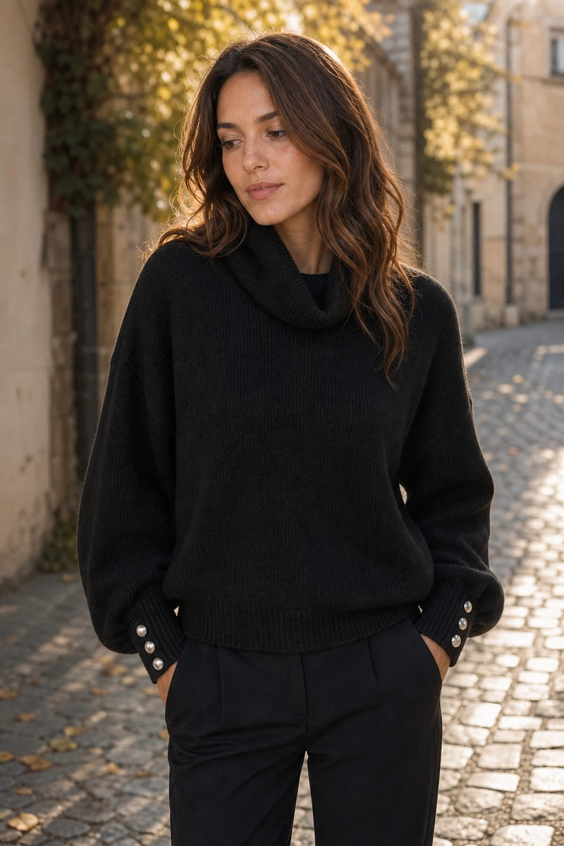SOFAINE-V7-LIFE-Ivory | Button-Cuff Turtleneck Sweater in Black, street-style view