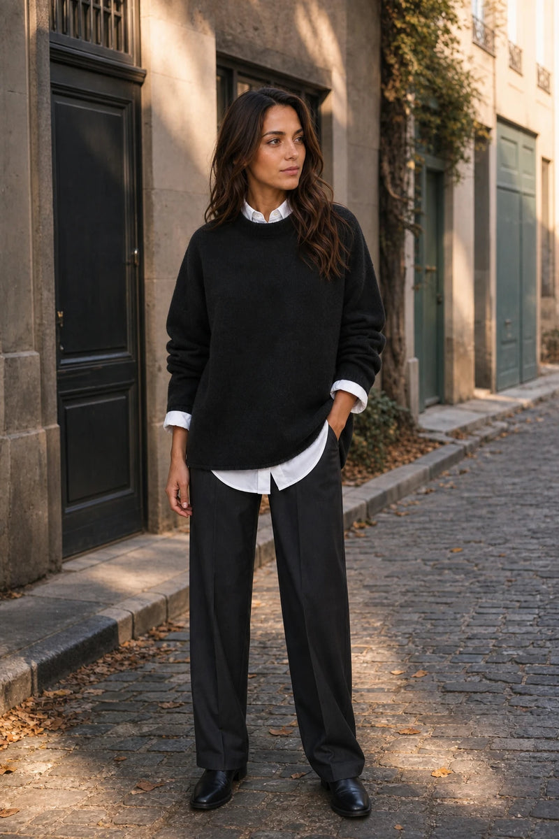SOFAINE-V7-LIFE-Opal | Cashmere-Feel Knit Sweater in Black, street-style view