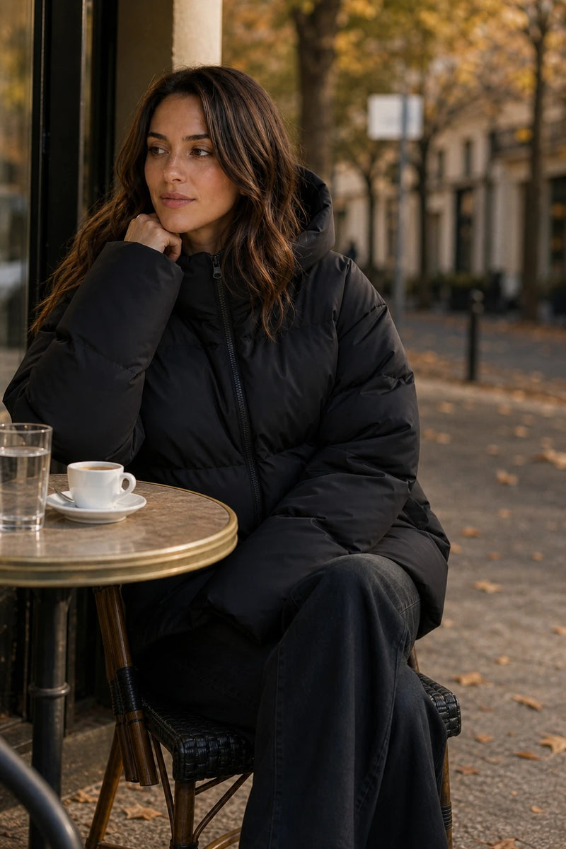 SOFAINE-V7-LIFE-Tara | Oversized Puffer Jacket in Black, café scene