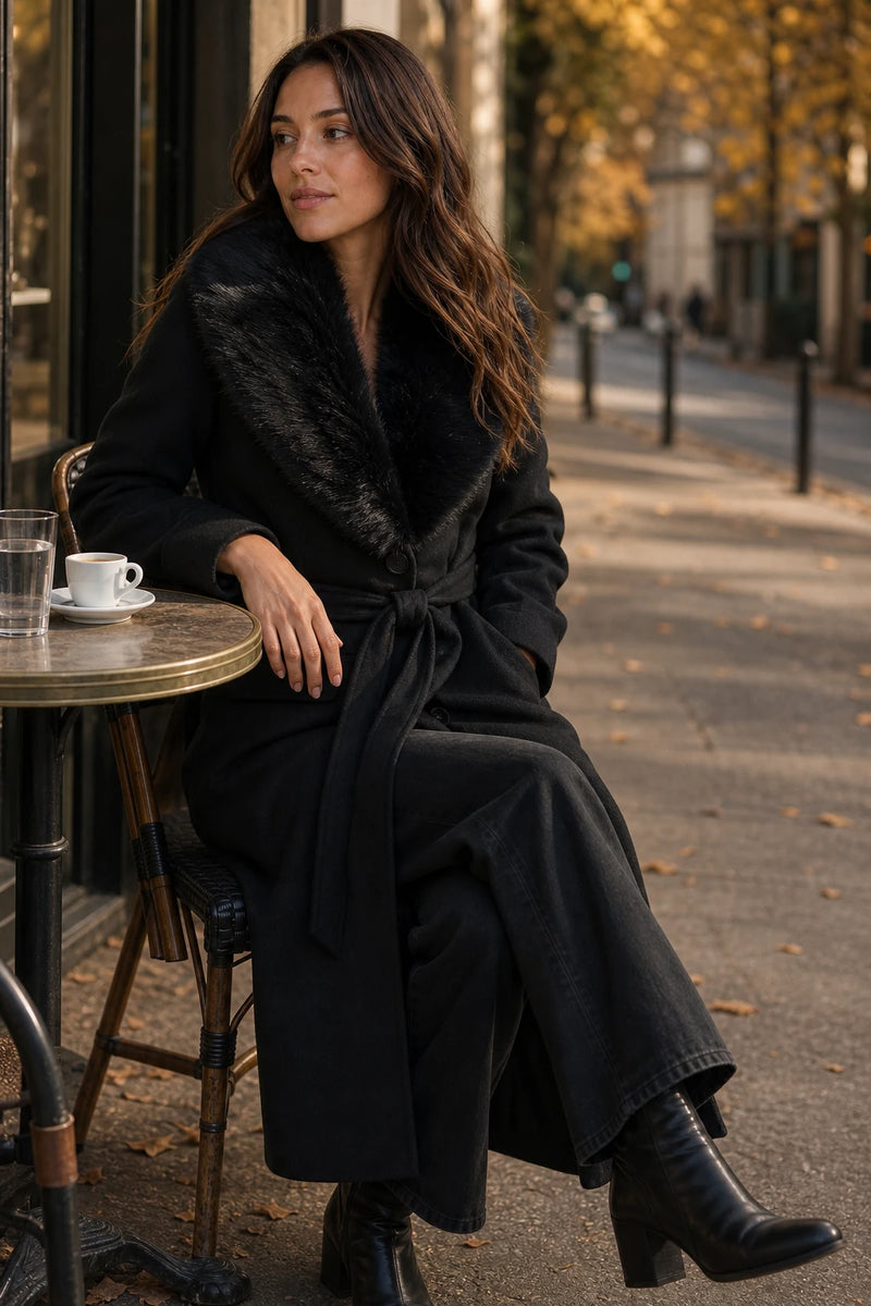 SOFAINE-V7-LIFE-Erin | Faux Fur Collar Coat in Black, café scene