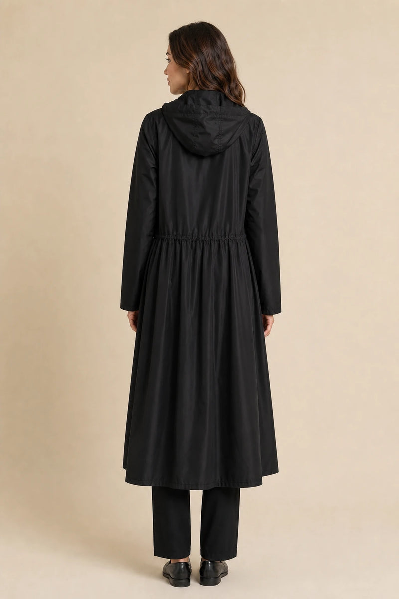 Gretchen | Hooded Zip-Up Coat in Black, studio back view