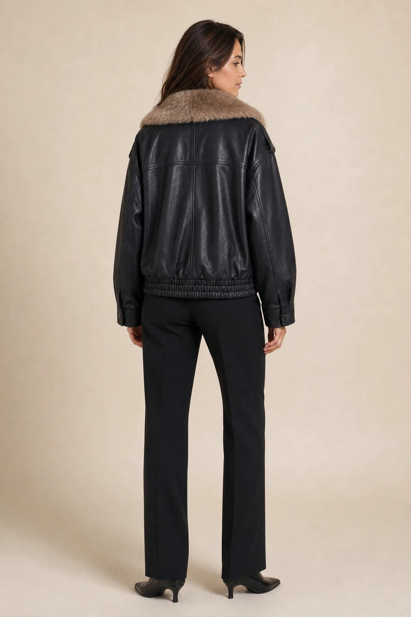 Diana | Double-Breasted Faux Leather Jacket in Black, studio back view