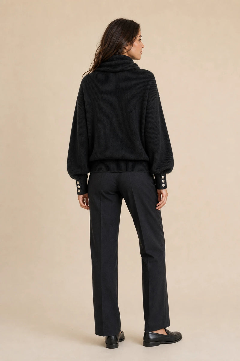 Ivory | Button-Cuff Turtleneck Sweater in Black, studio back view