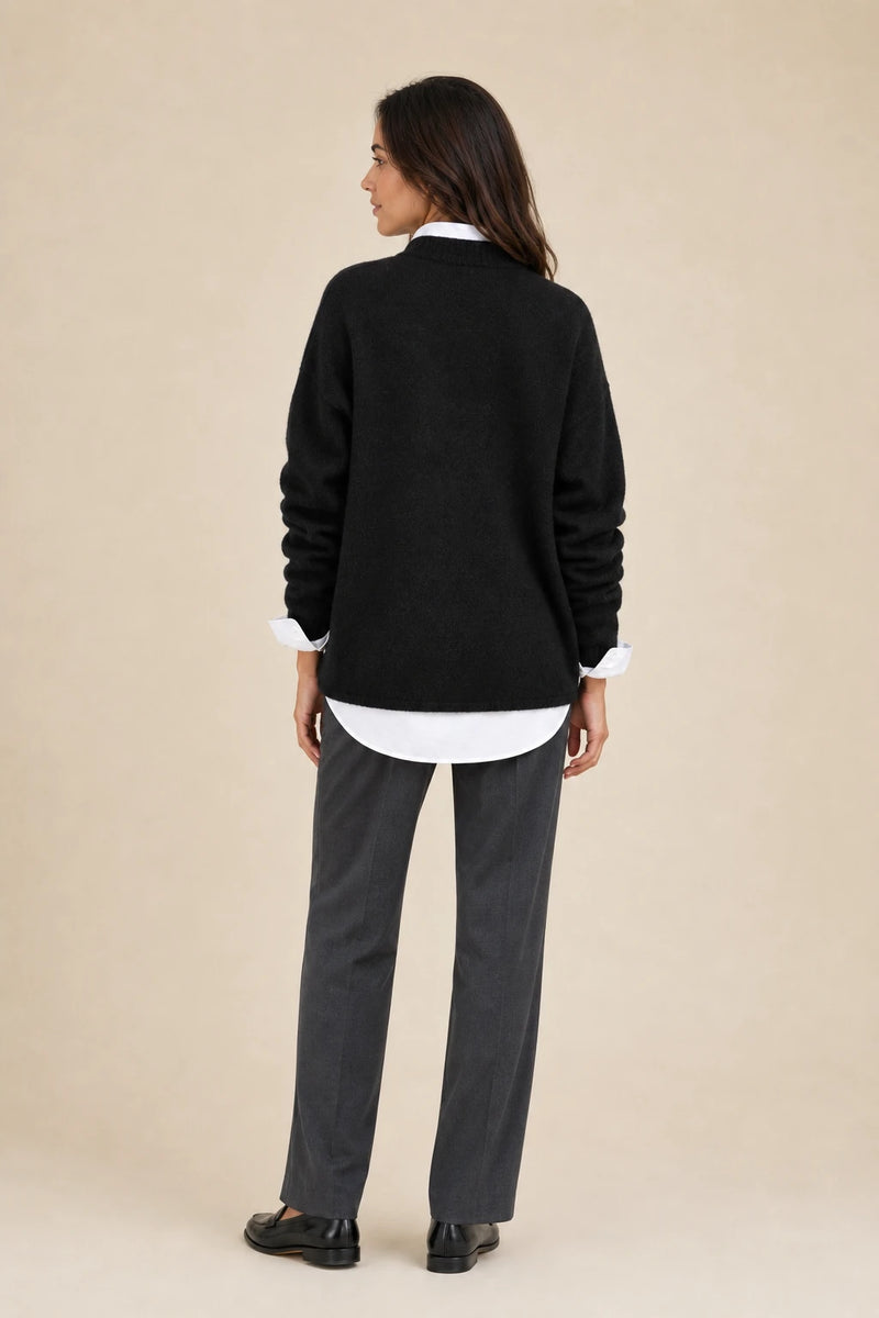 Opal | Cashmere-Feel Knit Sweater in Black, studio back view
