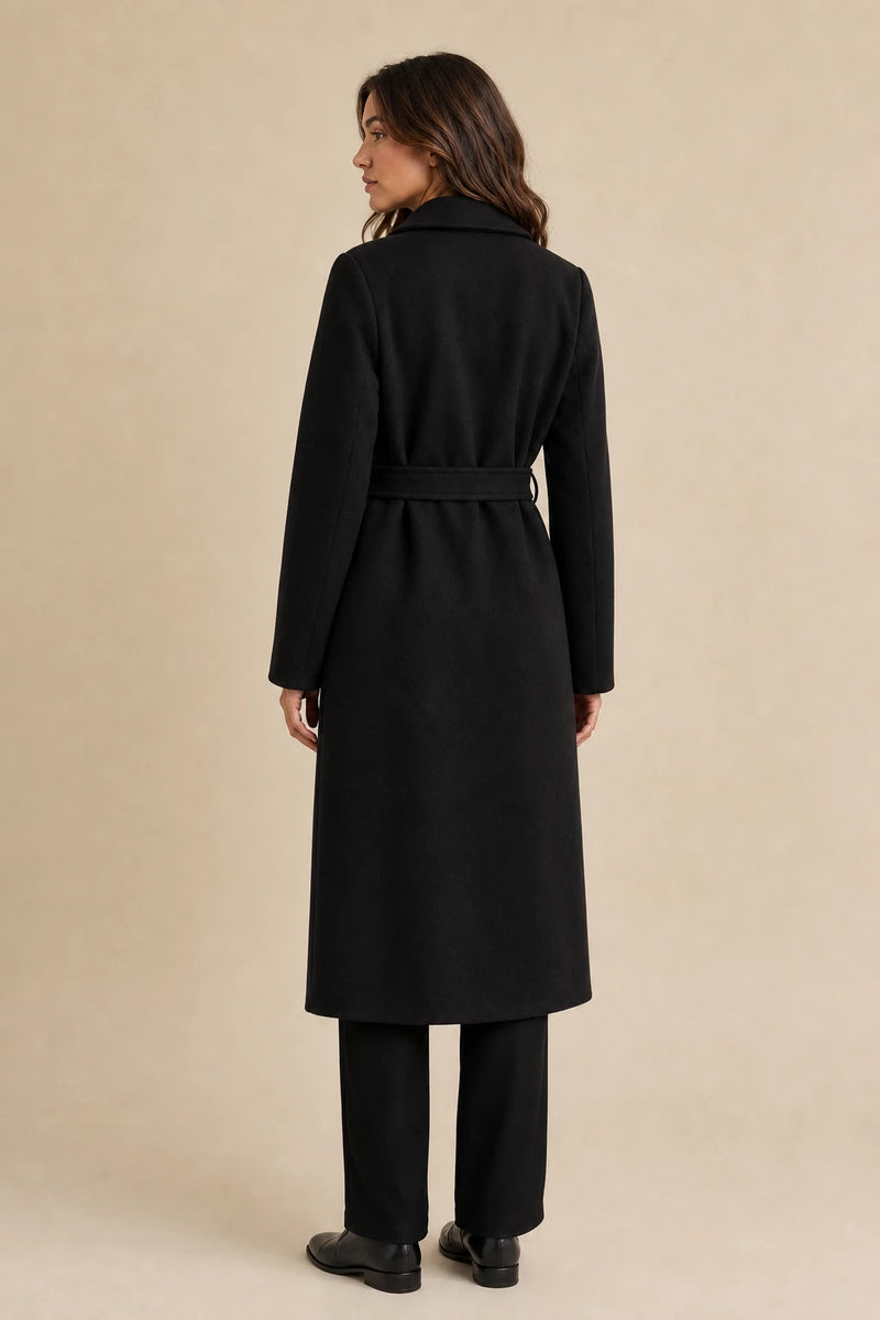 Beatrix | Wool-Feel Trench Coat in Black, studio back view