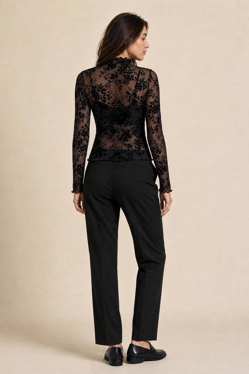 Drew | Mesh Turtleneck Top in Black, studio back view