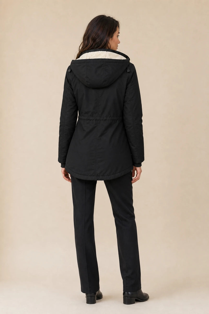 Frankie | Hooded Fleece-Lined Coat in Black, studio back view
