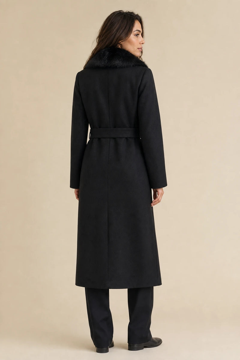 Erin | Faux Fur Collar Coat in Black, studio back view