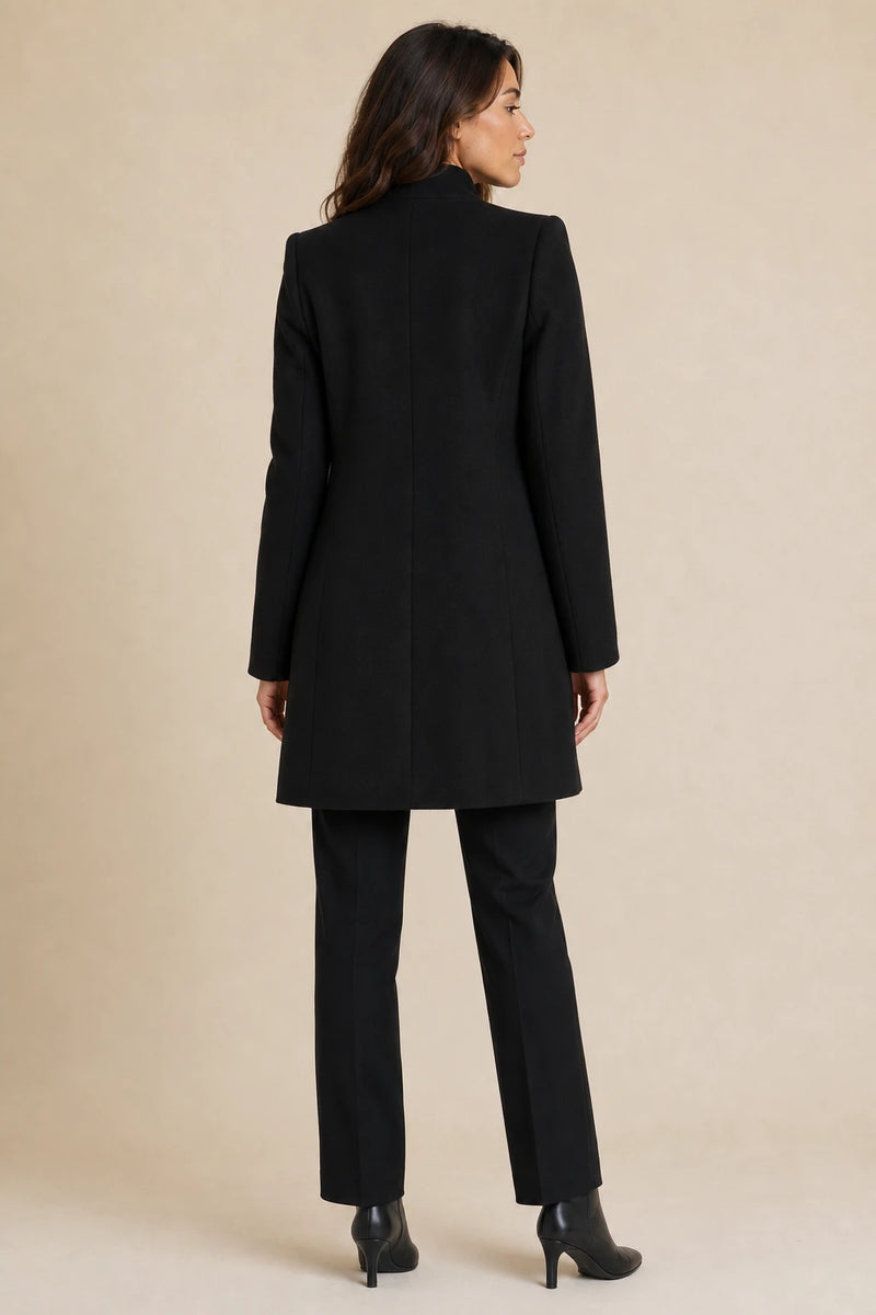 Cordelia | Wool-Feel Overcoat in Black, studio back view