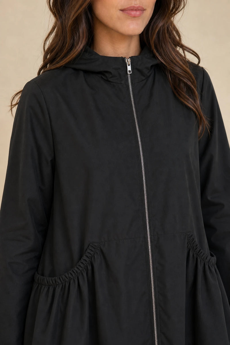 Gretchen | Hooded Zip-Up Coat in Black, fabric close-up
