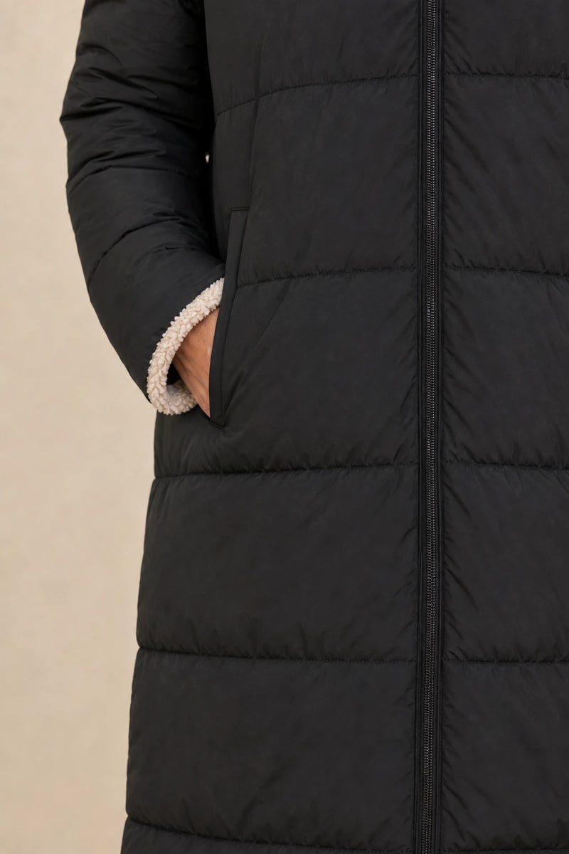 Celine | Hooded Puffer Coat in Black, fabric close-up