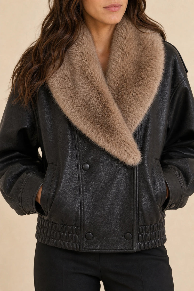 Diana | Double-Breasted Faux Leather Jacket in Black, fabric close-up