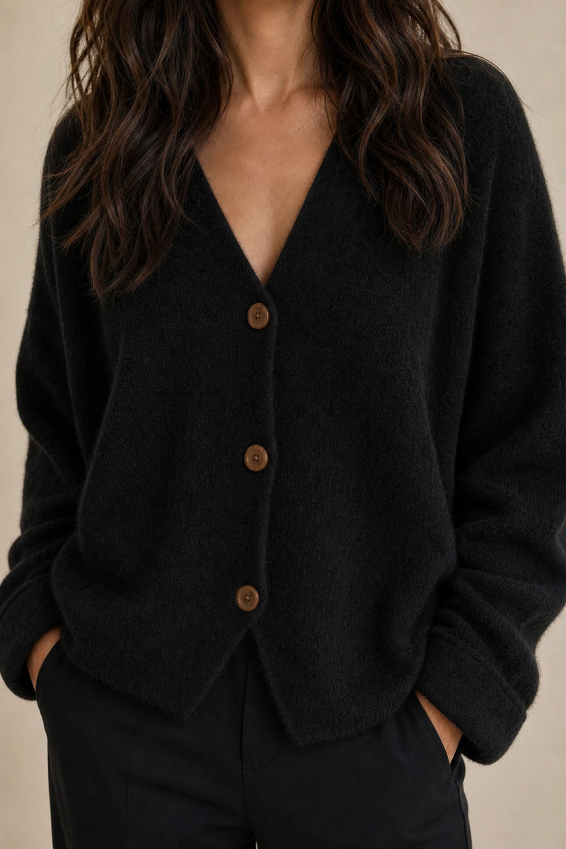 Ramona | Button-Front Cardigan in Black, fabric close-up