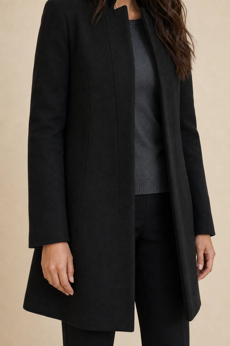 Cordelia | Wool-Feel Overcoat in Black, fabric close-up