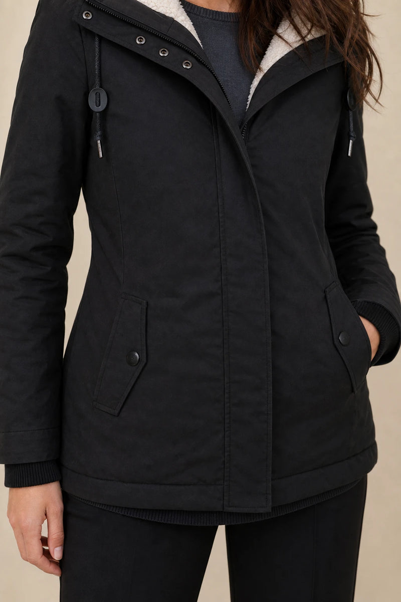 Frankie | Hooded Fleece-Lined Coat in Black, fabric close-up