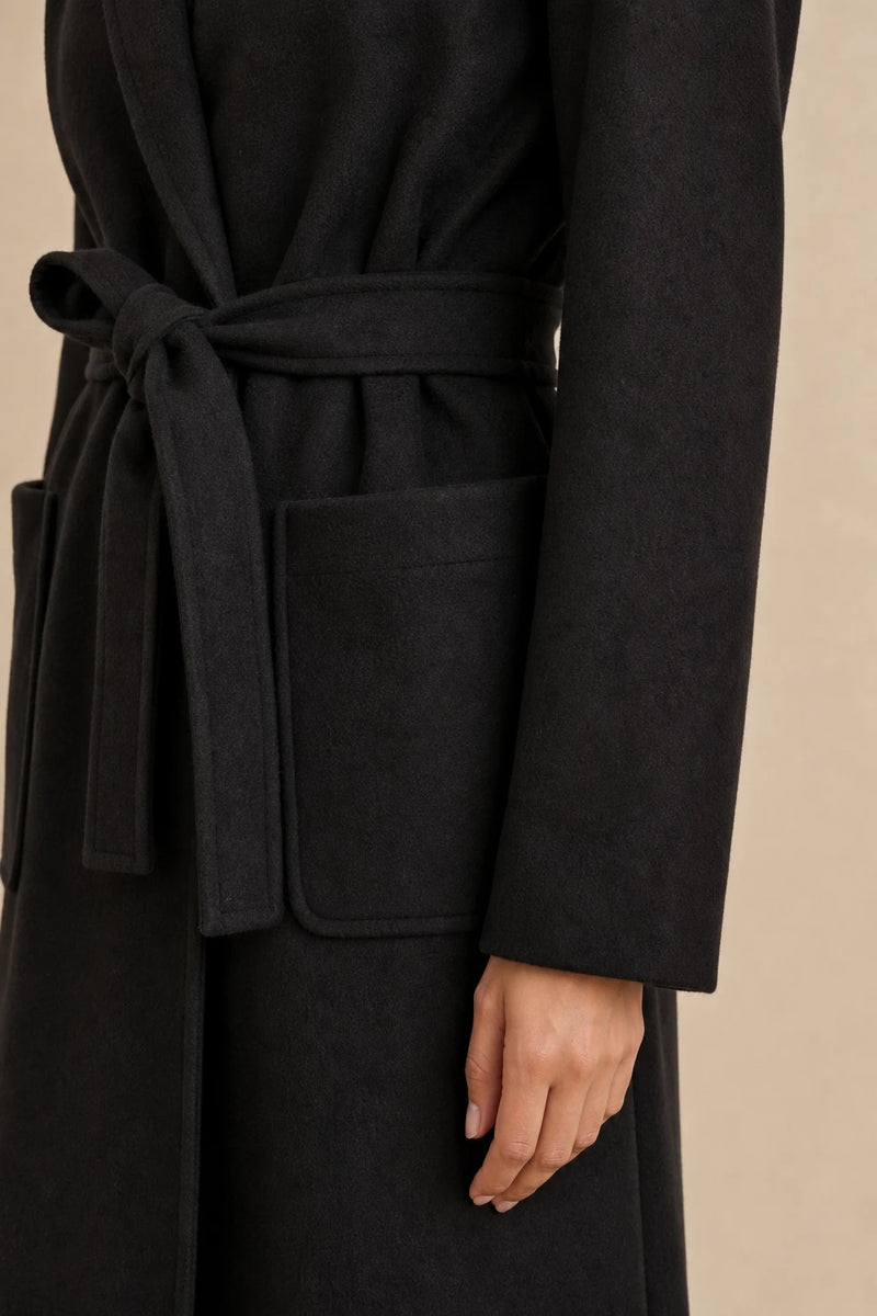 Beatrix | Wool-Feel Trench Coat in Black, fabric close-up