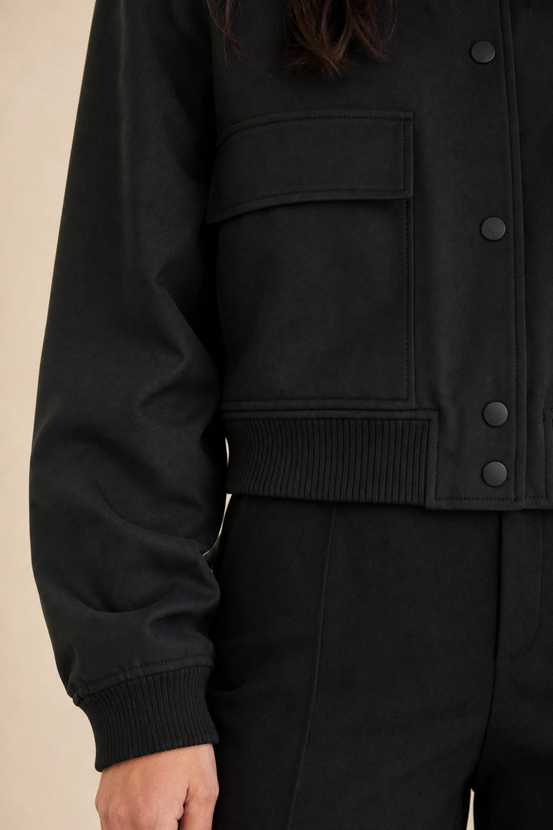 Fleur | Collared Button Jacket in Black, fabric close-up