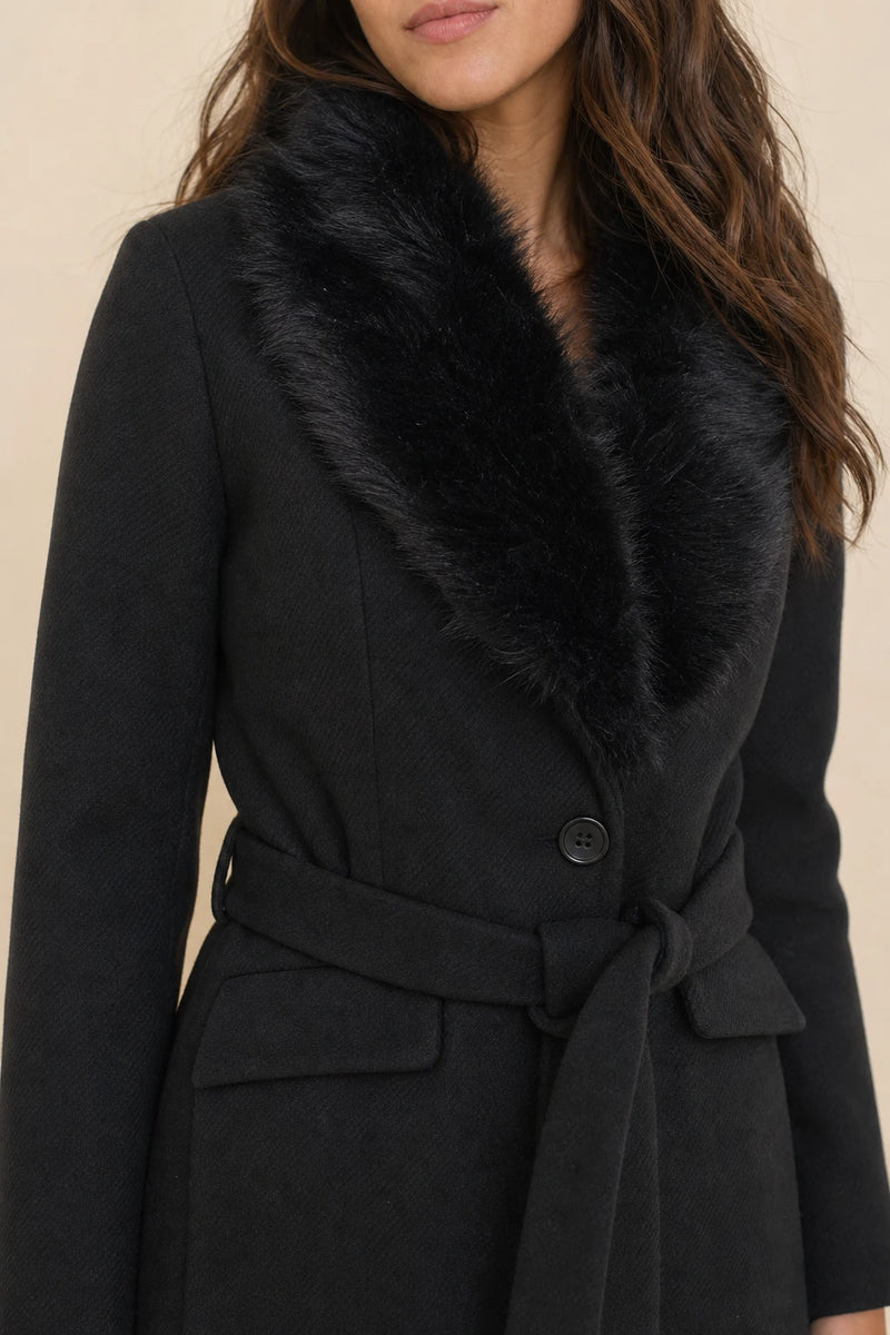 Erin | Faux Fur Collar Coat in Black, fabric close-up