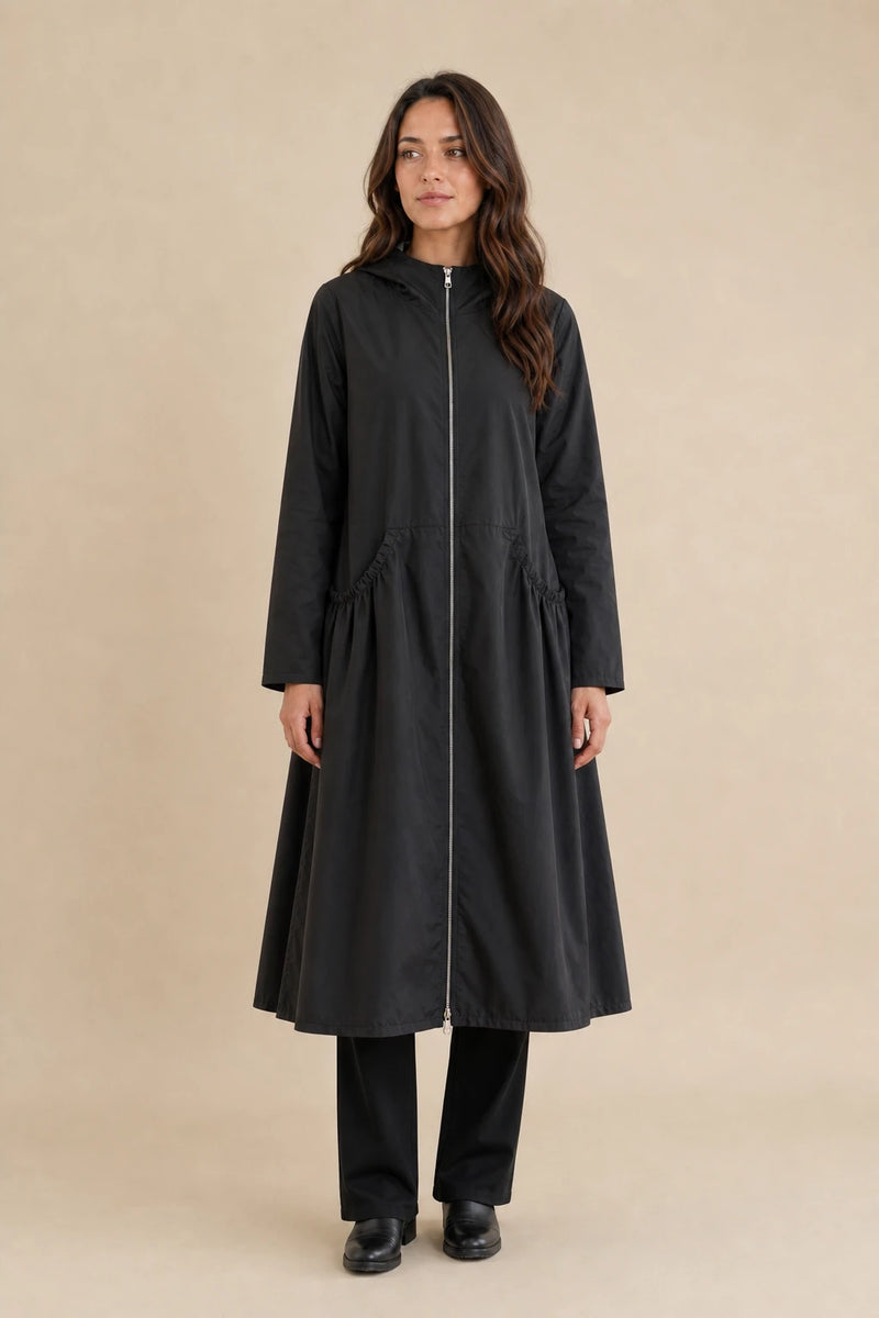 Gretchen | Hooded Zip-Up Coat in Black, studio front view