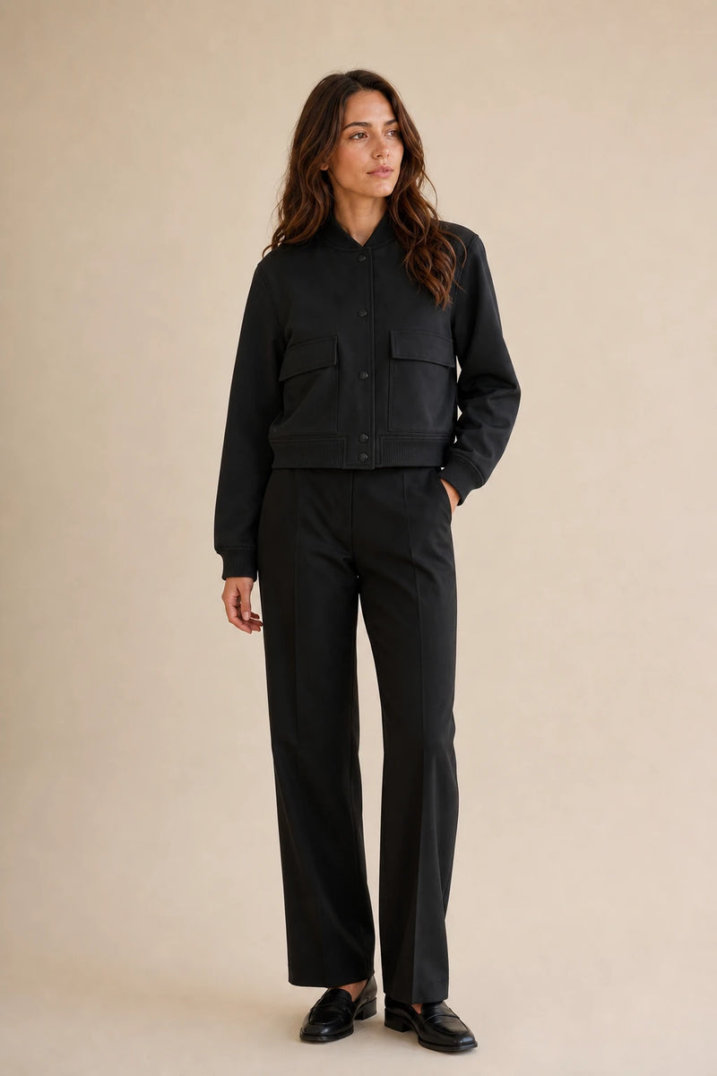 Fleur | Collared Button Jacket in Black, studio front view