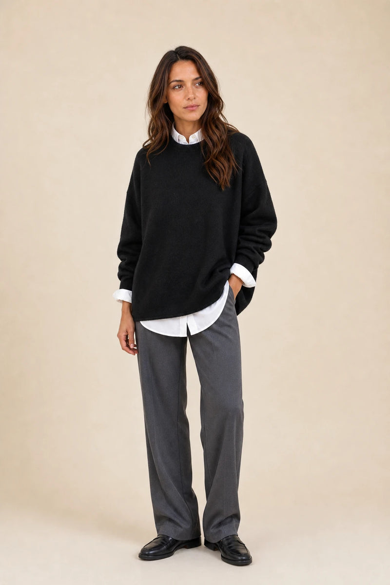 Opal | Cashmere-Feel Knit Sweater in Black, studio front view