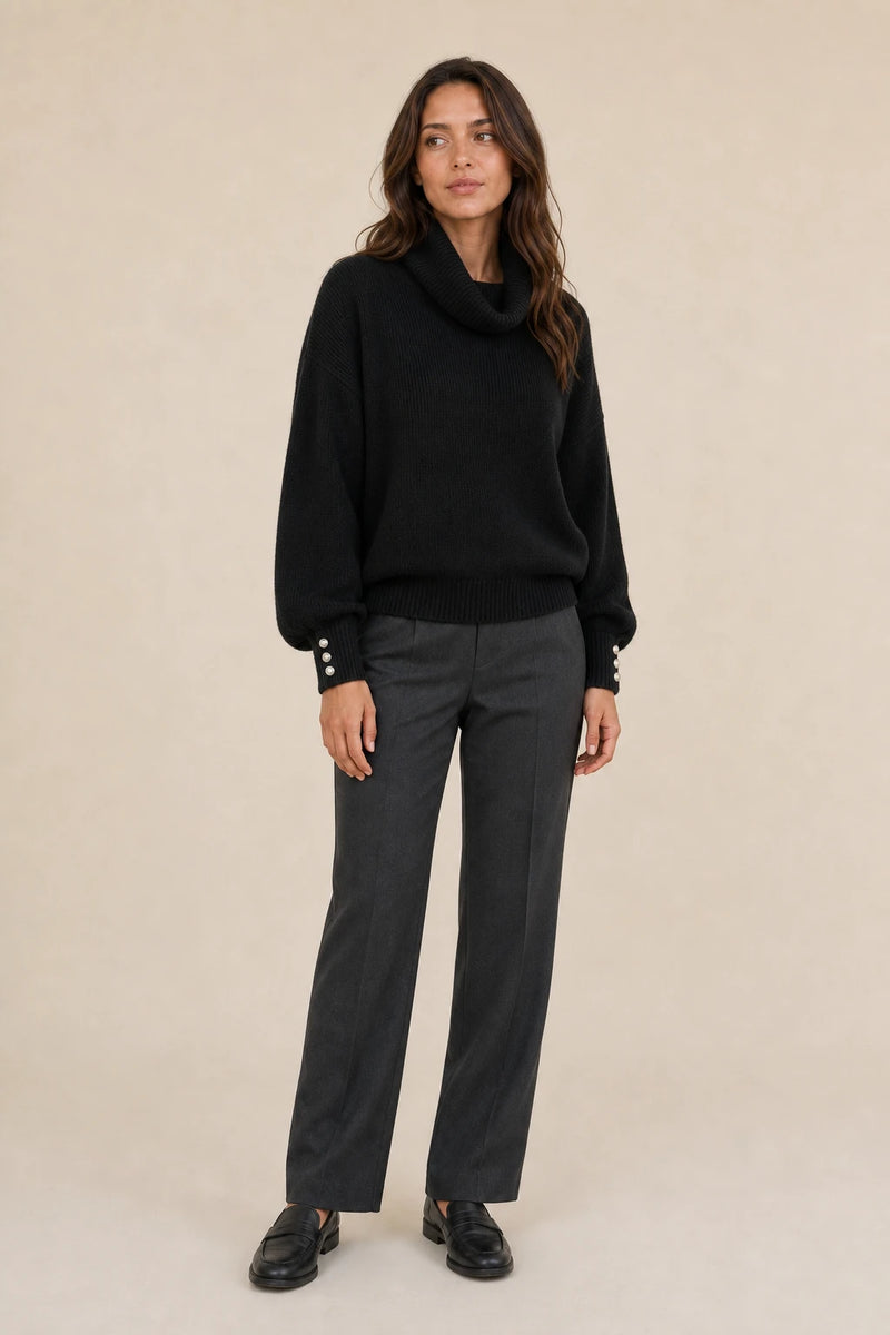 Ivory | Button-Cuff Turtleneck Sweater in Black, studio front view