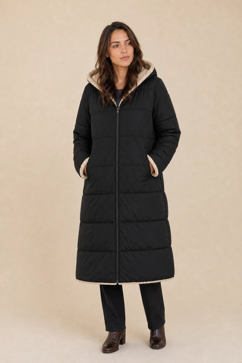 Celine | Hooded Puffer Coat in Black, studio front view