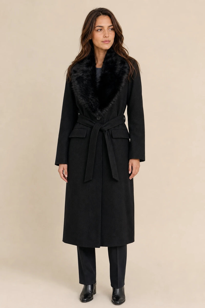 Erin | Faux Fur Collar Coat in Black, studio front view