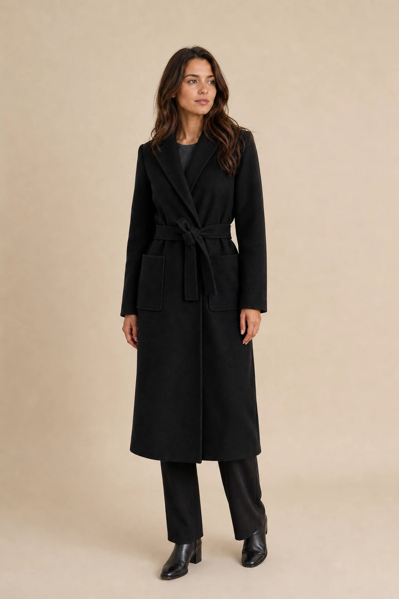 Beatrix | Wool-Feel Trench Coat in Black, studio front view