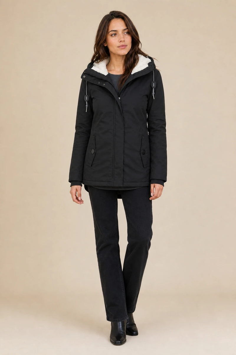 Frankie | Hooded Fleece-Lined Coat in Black, studio front view