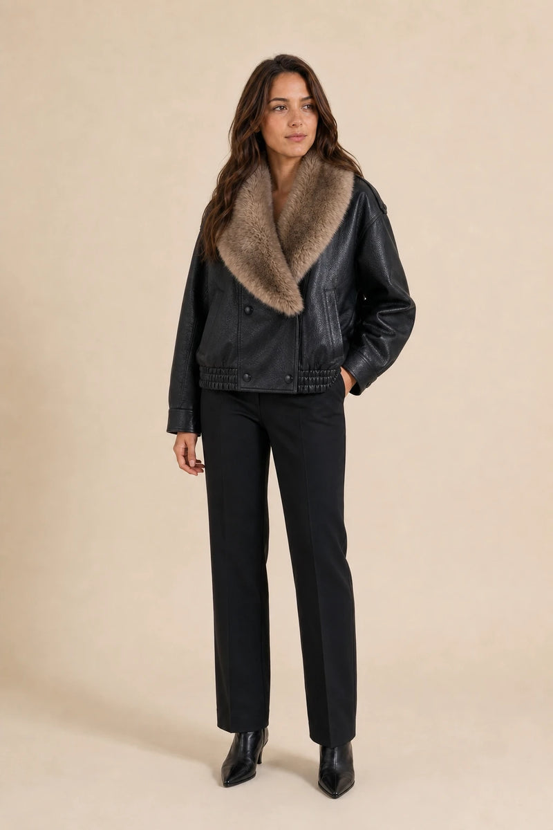 Diana | Double-Breasted Faux Leather Jacket in Black, studio front view