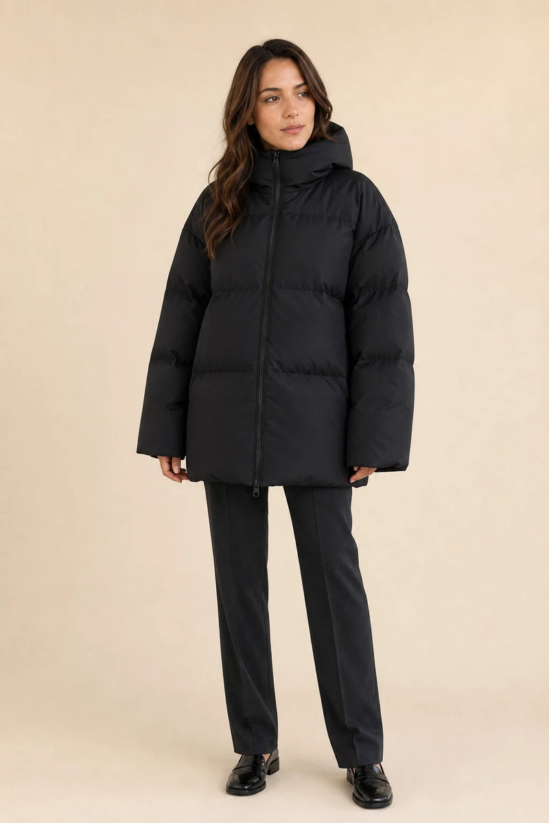 Tara | Oversized Puffer Jacket in Black, studio front view