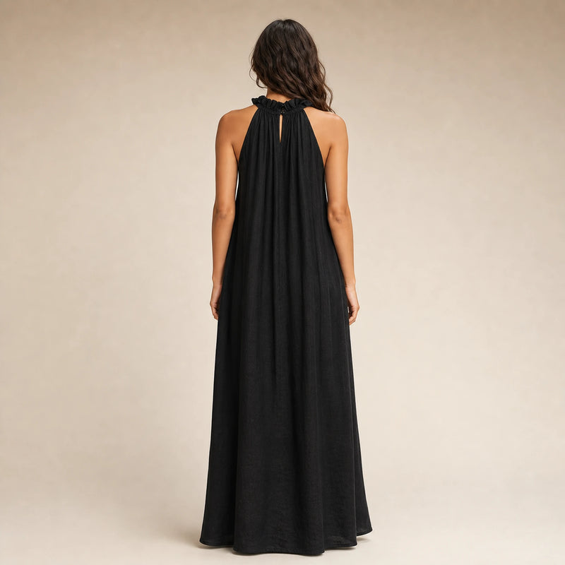 SOFAINE-V5-2026-07-07 Sofaine Iris ruffle-halter linen maxi dress in Black, worn back