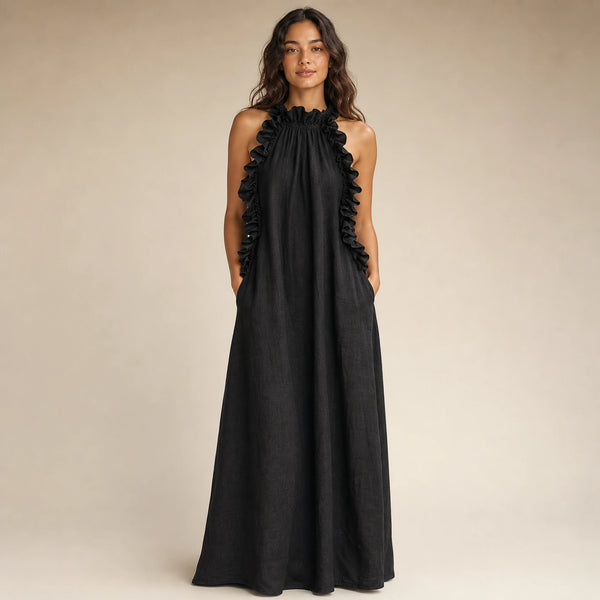 SOFAINE-V5-2026-07-07 Sofaine Iris ruffle-halter linen maxi dress in Black, worn front hero